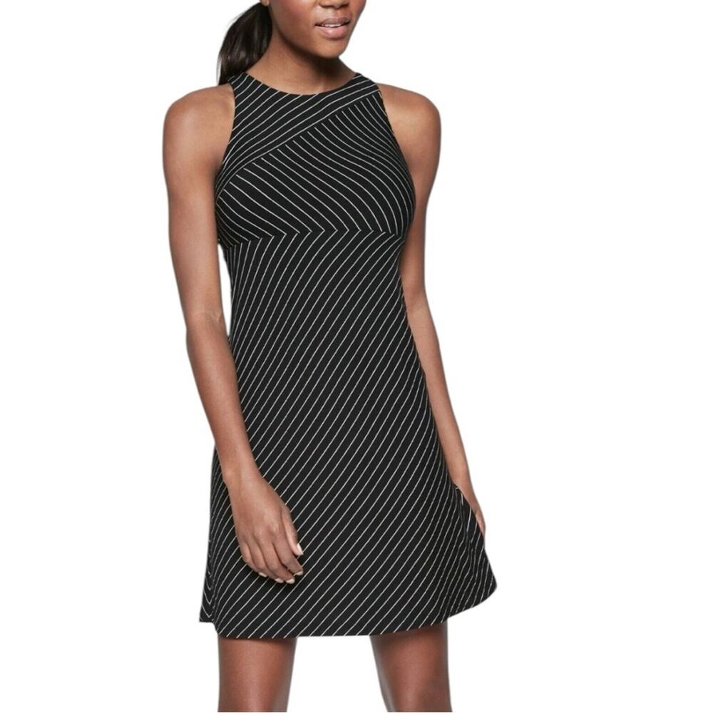 Athleta Santorini High Neck Mix Striped Black White Dress - Medium